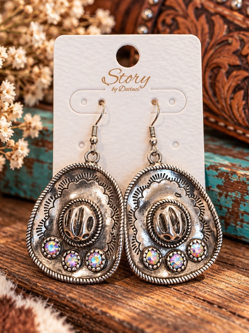 Silver Tonr Concho Teardrop Earrings with Iridescent Accents